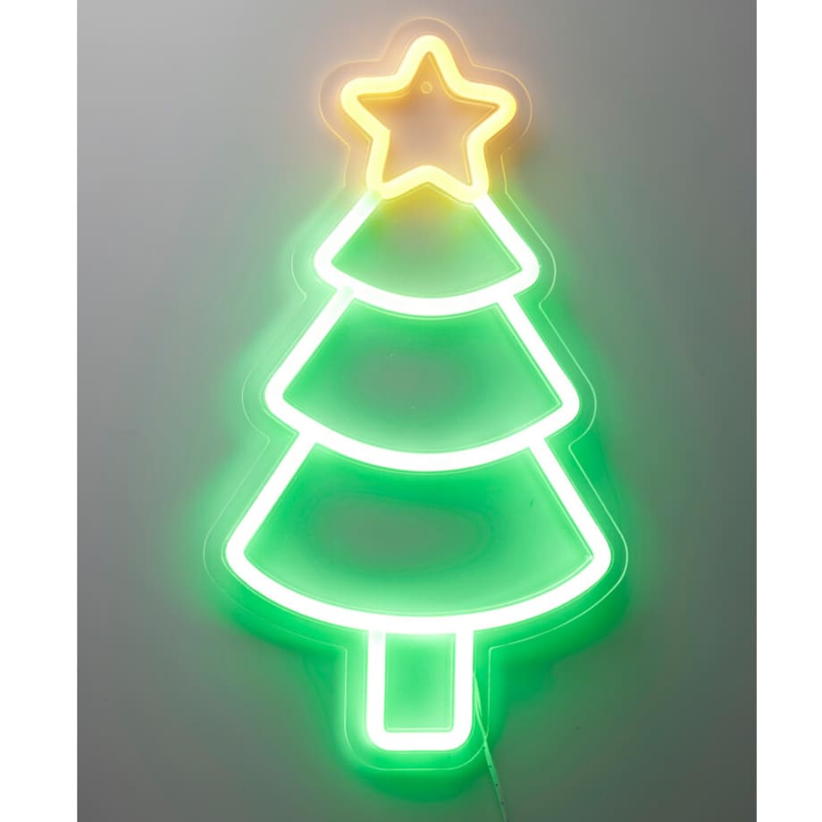 Świąteczny neon na ścianę, LED, 23 x 22 cm, na USB, kolor zielony, tworzywo sztuczne, motyw choinka