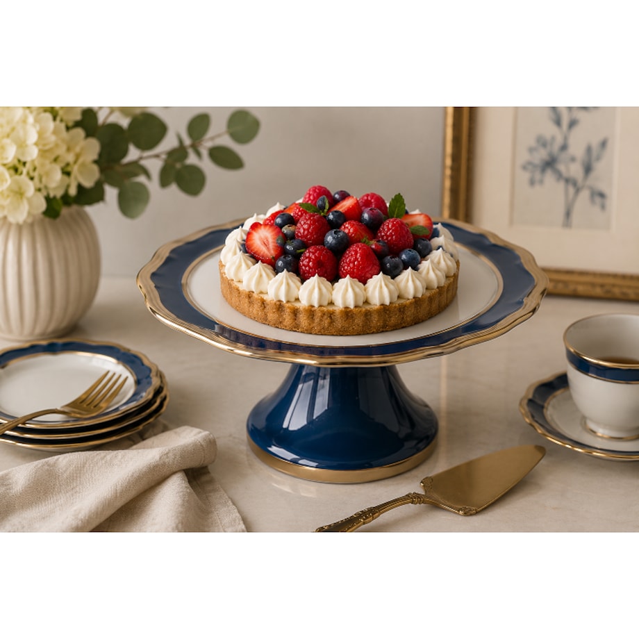 Patera ceramiczna na niebieskiej nóżce 28x28x12 cm KETO ze złotym paskiem