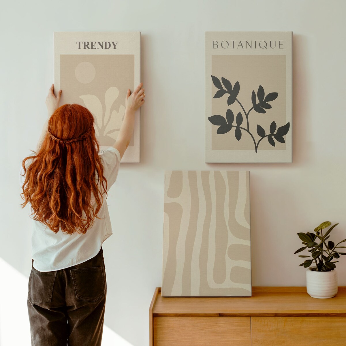 Zestaw 3 dużych obrazów na płótnie - Stylowe roślinne wzory beż czarny - beżowy