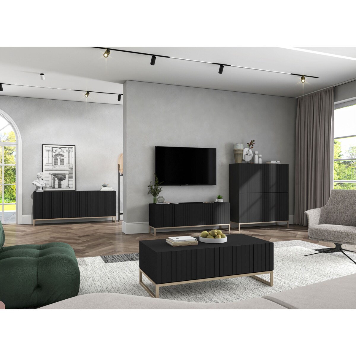 Komoda RTV Glamour Szafka RTV Glamour Czarny Mat Ryflowane Fronty 112 cm