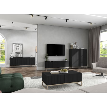 Komoda RTV Glamour Szafka RTV Glamour Czarny Mat Ryflowane Fronty 112 cm