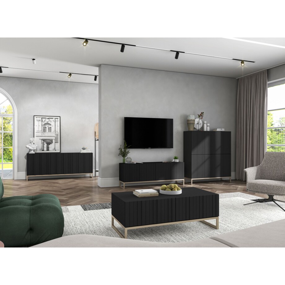 Komoda RTV Glamour Szafka RTV Glamour Czarny Mat Ryflowane Fronty 112 cm