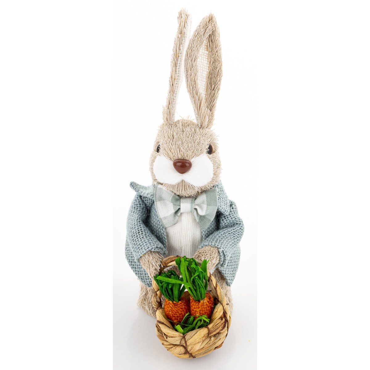 Dekoracja - króliczek z koszykiem marchewek 23,5x10x13 cm w niebieskim kubraczku