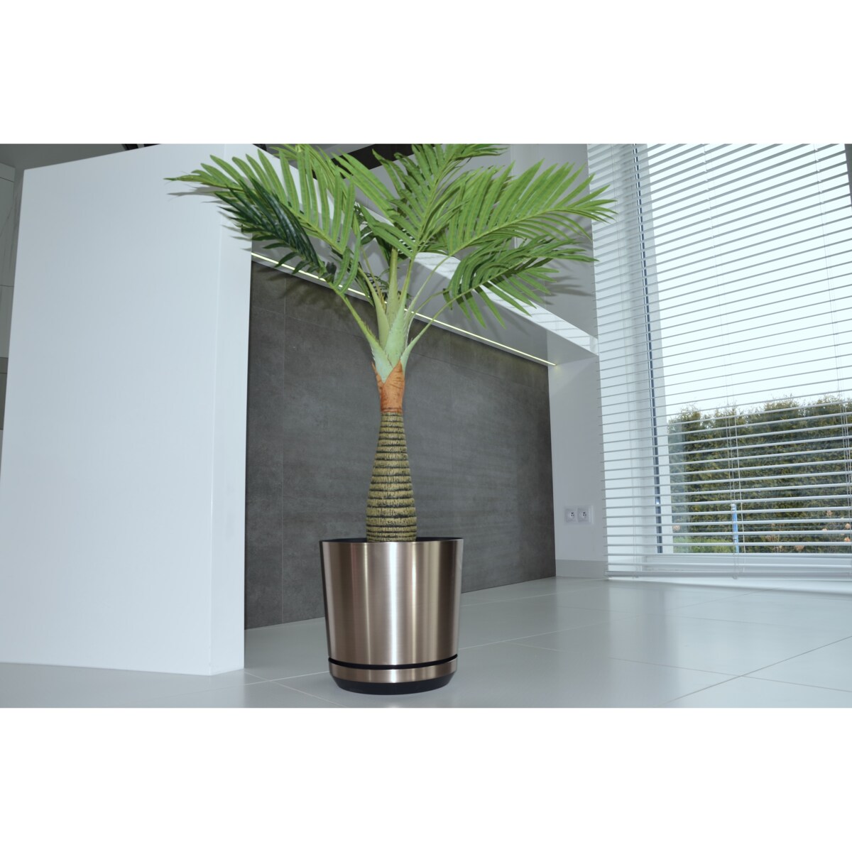 21 cm wzór STAL Doniczka z podstawką efekt szczotkowany metal z drenażem