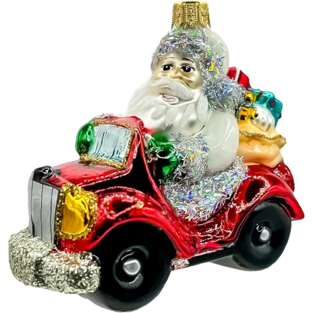Bombka choinkowa: Święty Mikołaj w czerwonym samochodzie z prezentami