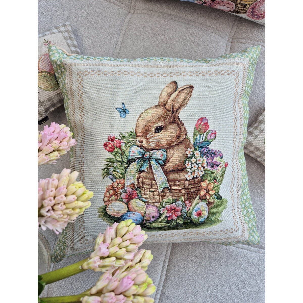 Poszewka Wielkanocna Na Poduszkę 45X45 Cm Żakardowa Dekoracyjna Z Zajączkiem
