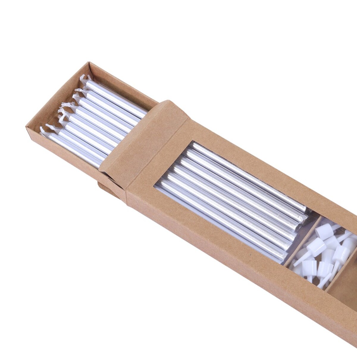 PME Zestaw 16 wysokich świeczek z podstawkami 18 cm srebrny