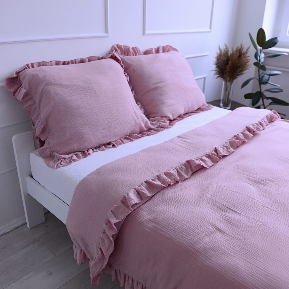 Pościel Muślinowa Z Falbanką Komplet Zestaw Do Sypialni Boho Róż 180X200 Cm + 2 Poduszki 70X80 Cm