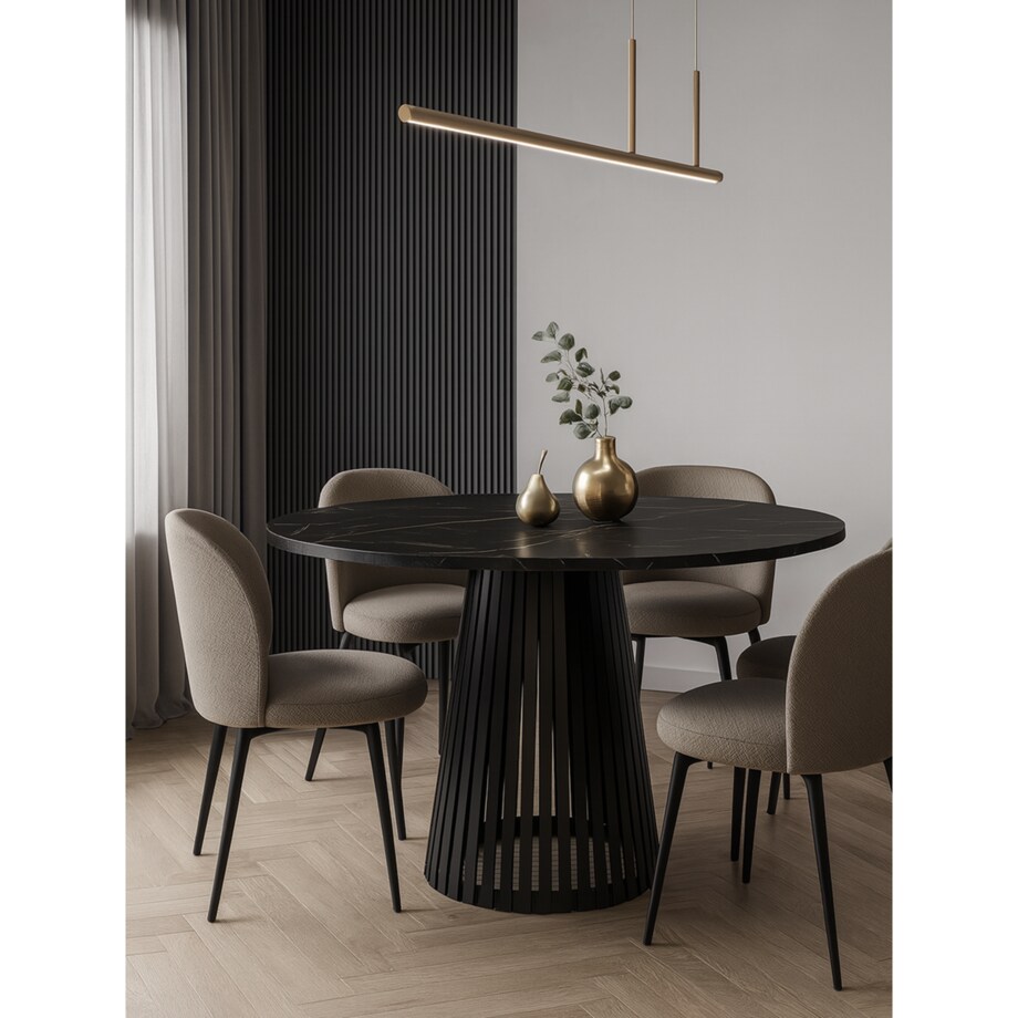 Stół okrągły VIV z lamelami do jadalni , salonu, blat 100cm -marmur ciemny