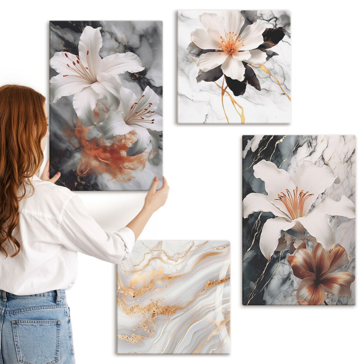 Zestaw 4 obrazów na płótnie - Kwiaty marmur biel czerń - szary