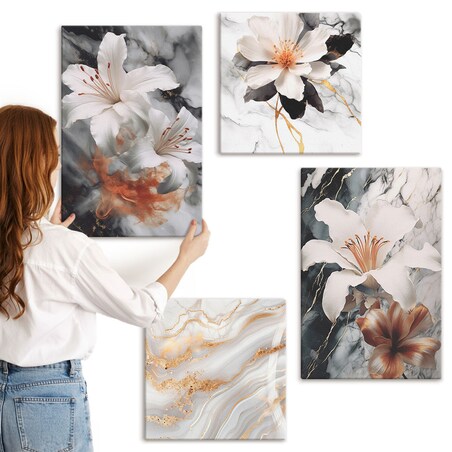 Zestaw 4 obrazów na płótnie - Kwiaty marmur biel czerń - szary