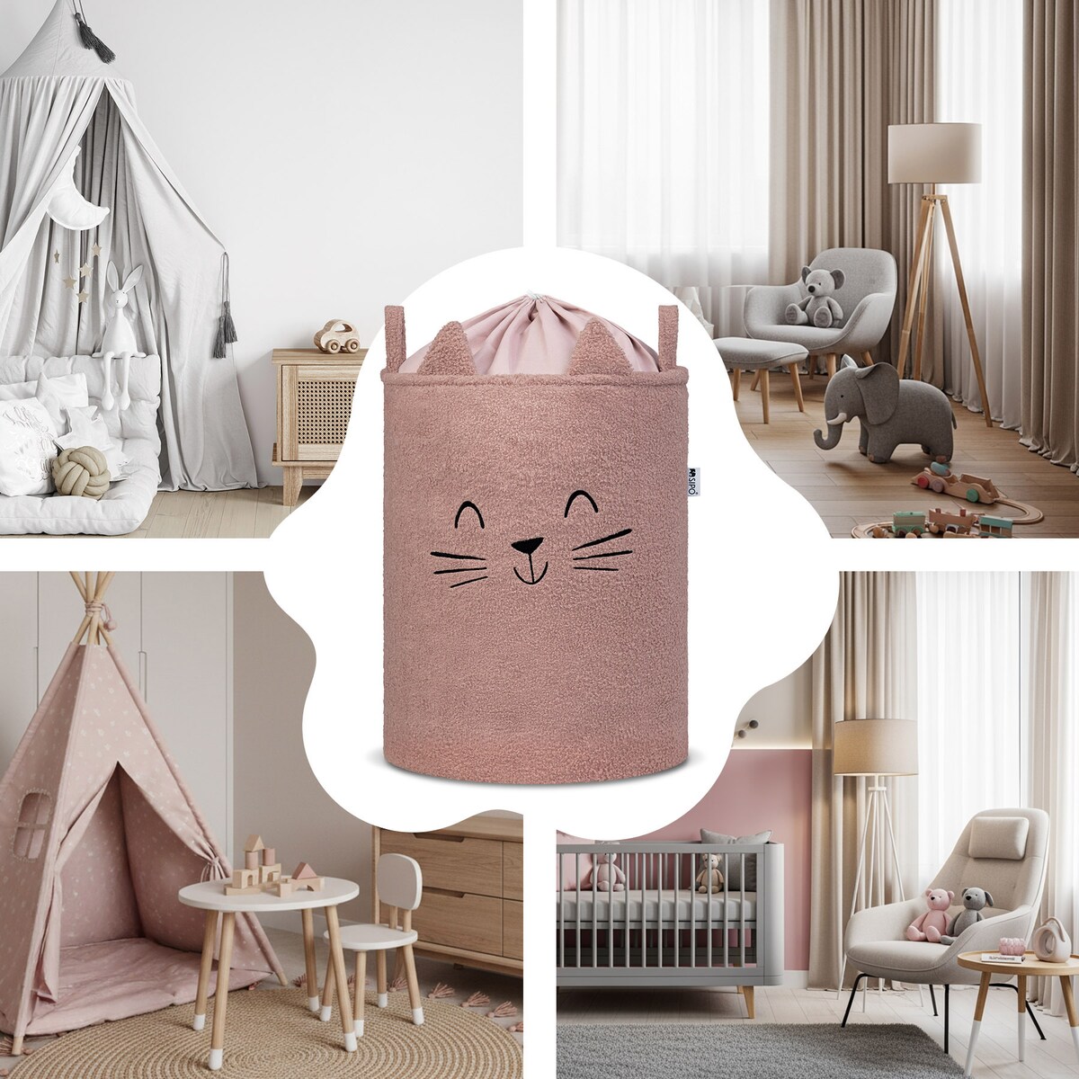 kosz na zabawki sipo, wersja premium boucle, zamykany na ściągacz, różowy kot, xl