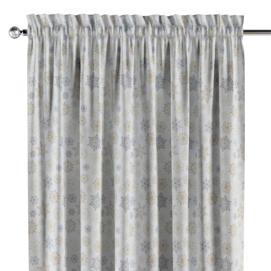 Zasłona na kanale z grzywką 1 szt. 130x245 złote, srebrne gwiazdy na białym tle