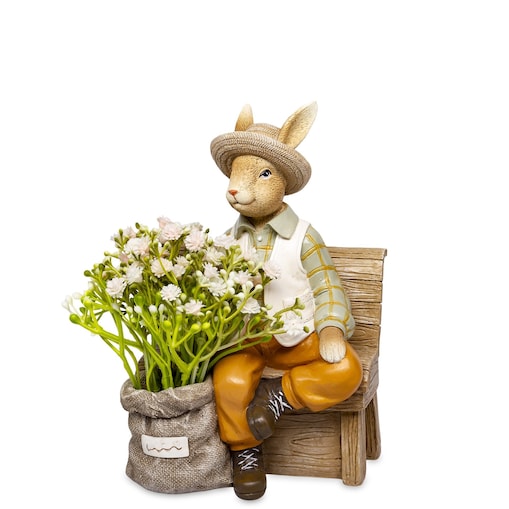 Dekoracja - królik OGRODNIK z workiem z kwiatami 19x14x10 cm