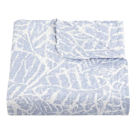Narzuta pikowana niebieska Remo 170x210 ozdobne liście, drukowana
