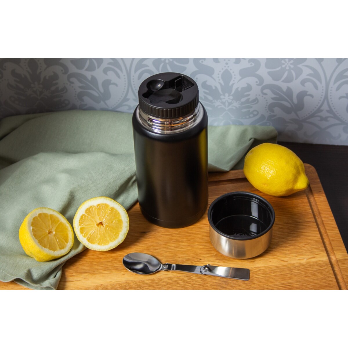 Termos obiadowy 750ml ze składaną łyżeczką na obiad zupę czarny MATOWY BRUNBESTE BB-3571