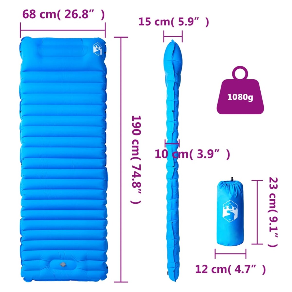 vidaXL Materac samopompujący z poduszką, 1-osobowy, niebieski