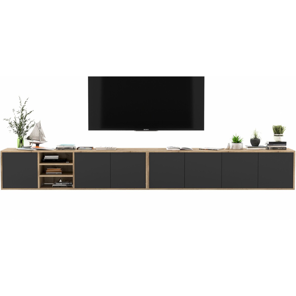 Wisząca szafka RTV Loft Industrialna Dąb Wotan Czarny MAT 300 cm