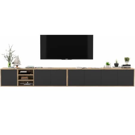 Wisząca szafka RTV Loft Industrialna Dąb Wotan Czarny MAT 300 cm