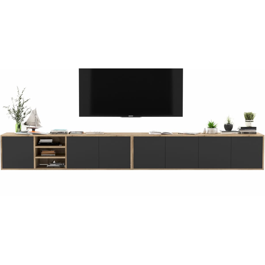 Wisząca szafka RTV Loft Industrialna Dąb Wotan Czarny MAT 300 cm