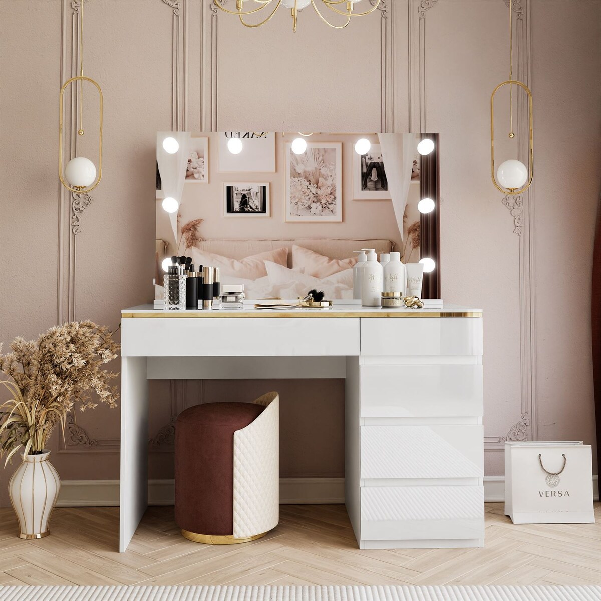 Toaletka AURORA II ELITE z lustrem i oświetleniem biały połysk