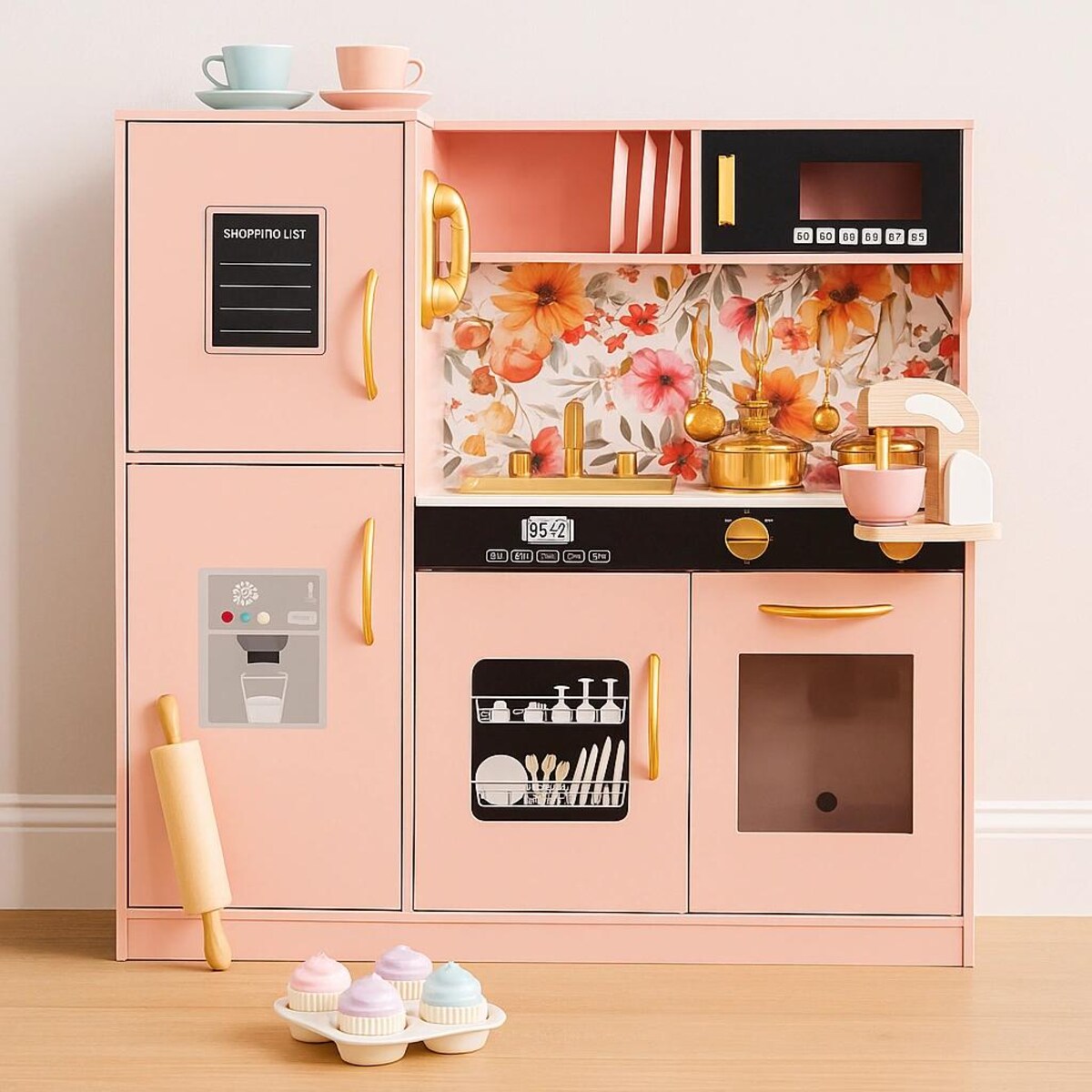 Drewniana kuchnia dla dzieci LED – stylowa kuchnia z akcesoriami i oświetleniem