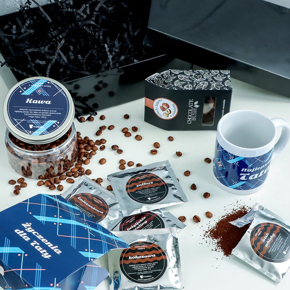 Box dla Taty z kawą, zestaw prezentowy idealny na Dzień Ojca - czekoladowa słodkość, kawa, mini zestaw z kawą, kubek, pomysł na prezent upominek na Dzień Ojca