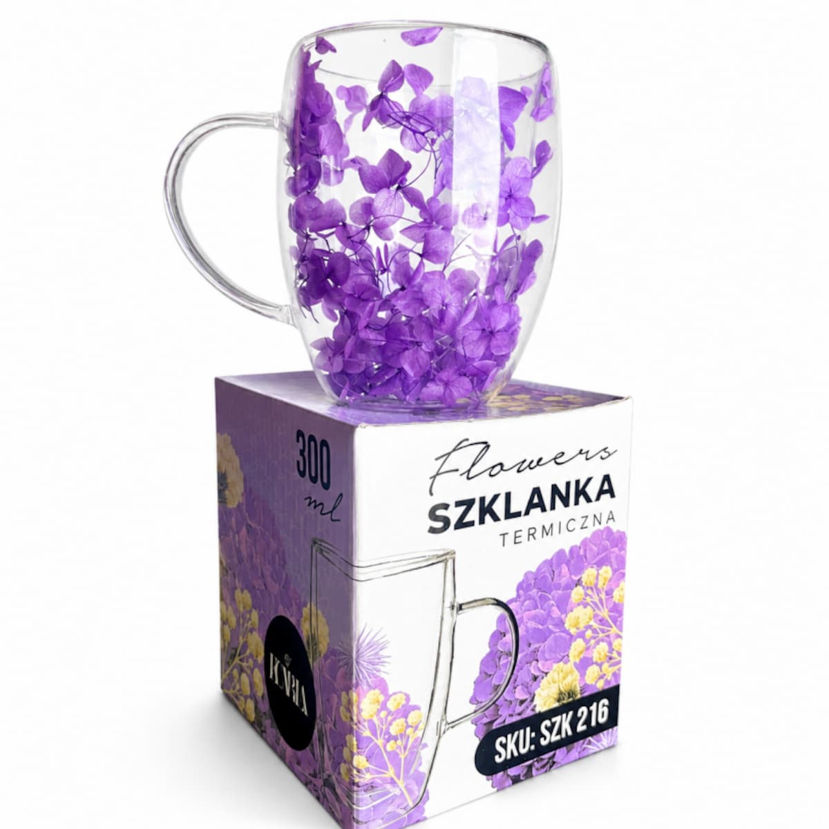 Szklanka termiczna z kwiatami w środku 300ml 1szt, pełna hortensji, niebieska SZK216