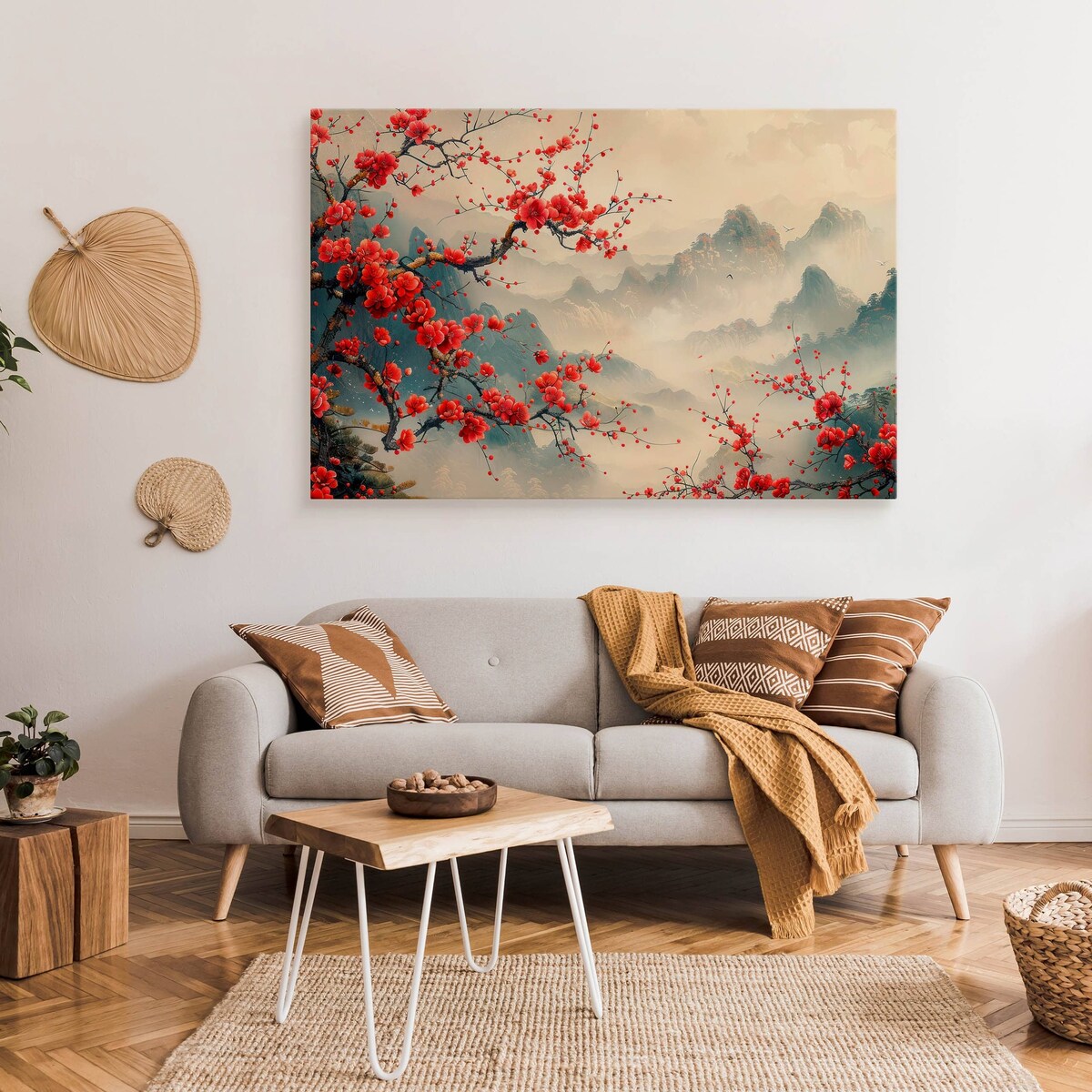 Obraz Canvas Do Sypialni Czerwone Kwiaty Wzgórze Styl Japoński 70x50cm