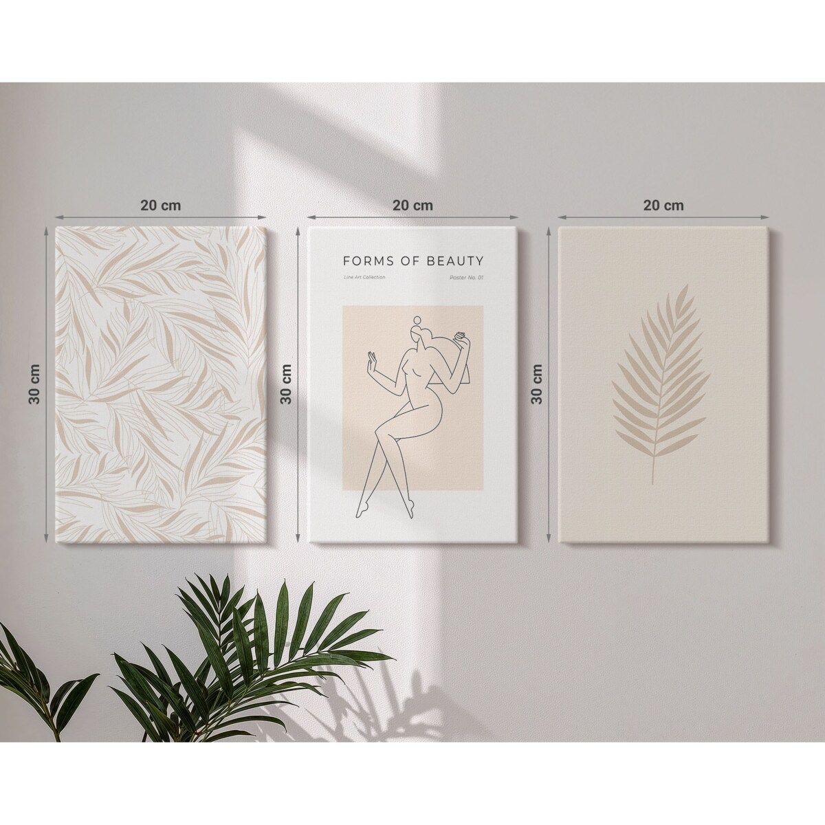 Zestaw 3 małych obrazów na płótnie - Motywy minimalistyczne botaniczne - beżowy