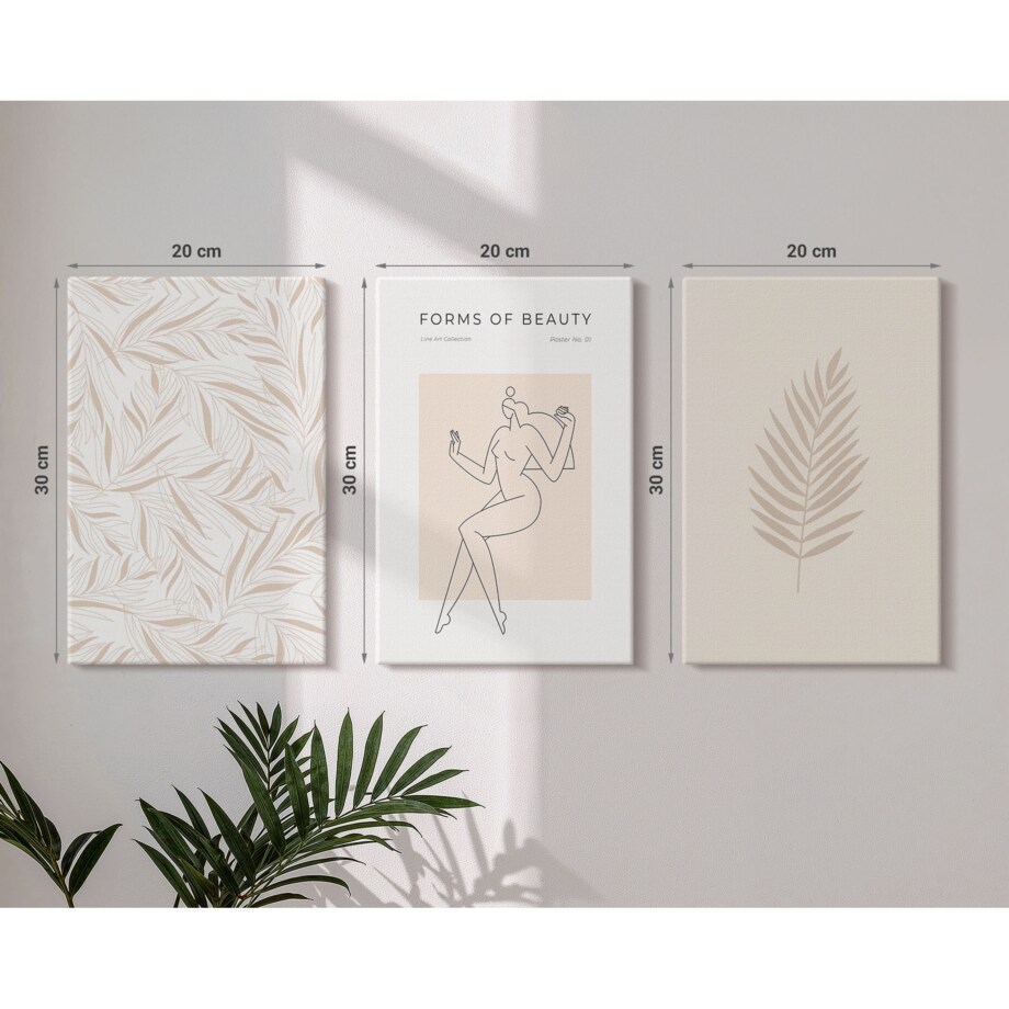 Zestaw 3 małych obrazów na płótnie - Motywy minimalistyczne botaniczne - beżowy