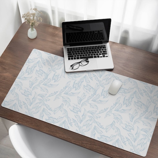 Biała mata na biurko Delikatne liście, 120x60 cm