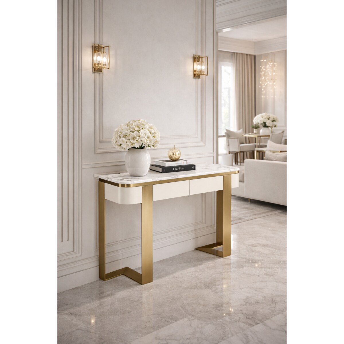 Konsola glamour z marmurem i szufladami Sofia 120x38x85