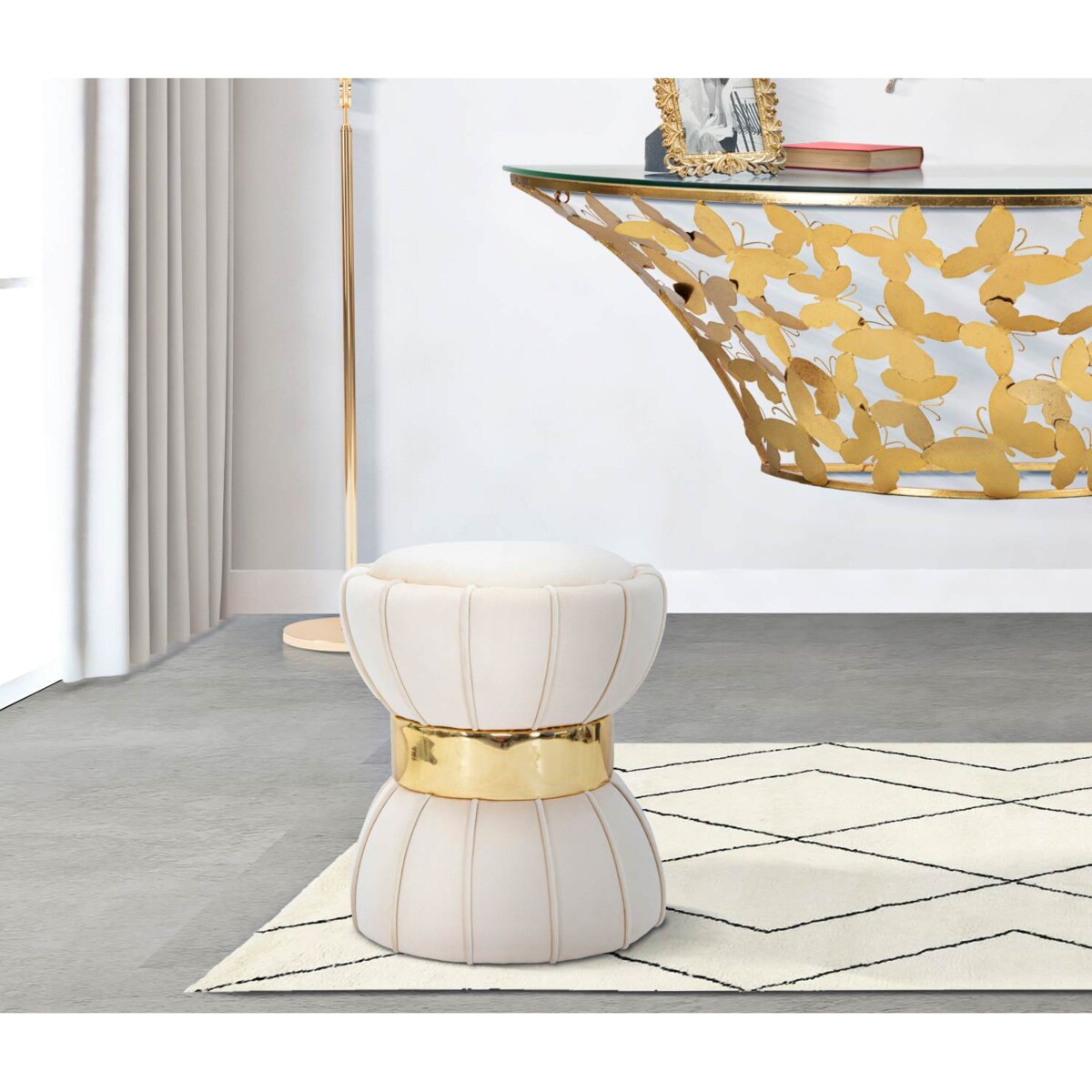 Stołek welurowy ze złotym detalem, Ø 40 cm