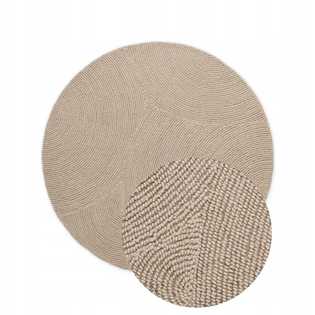 Dywan okrągły wełniany do salonu 120cm, beżowy wzór w półkola, efekt 3d