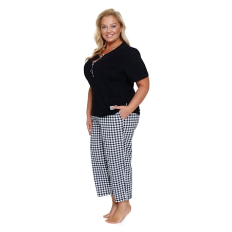 Czarna piżama damska ze spodniami w kratkę