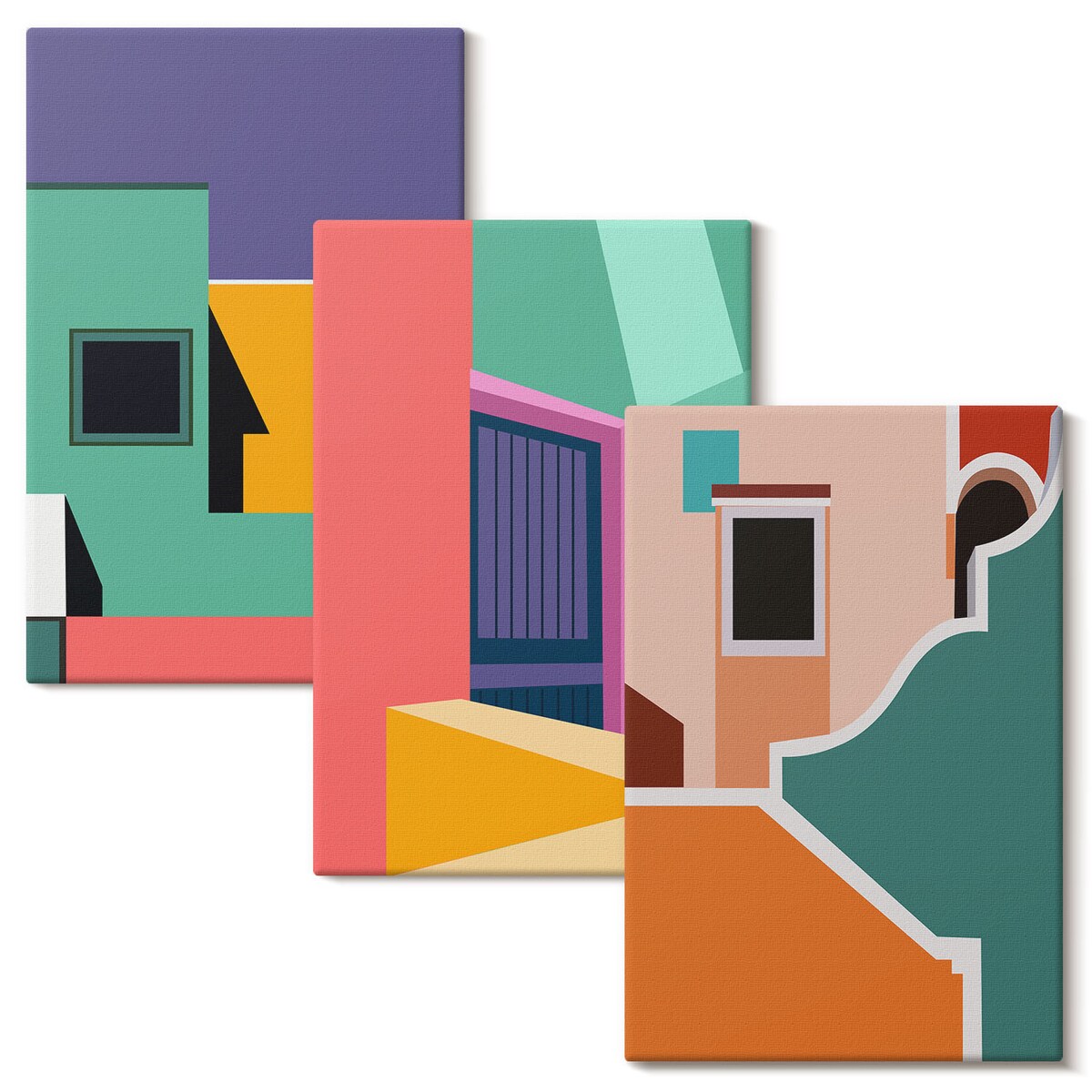 Zestaw 3 dużych obrazów na płótnie - Kolorowe ilustracje miasta - wielokolorowy