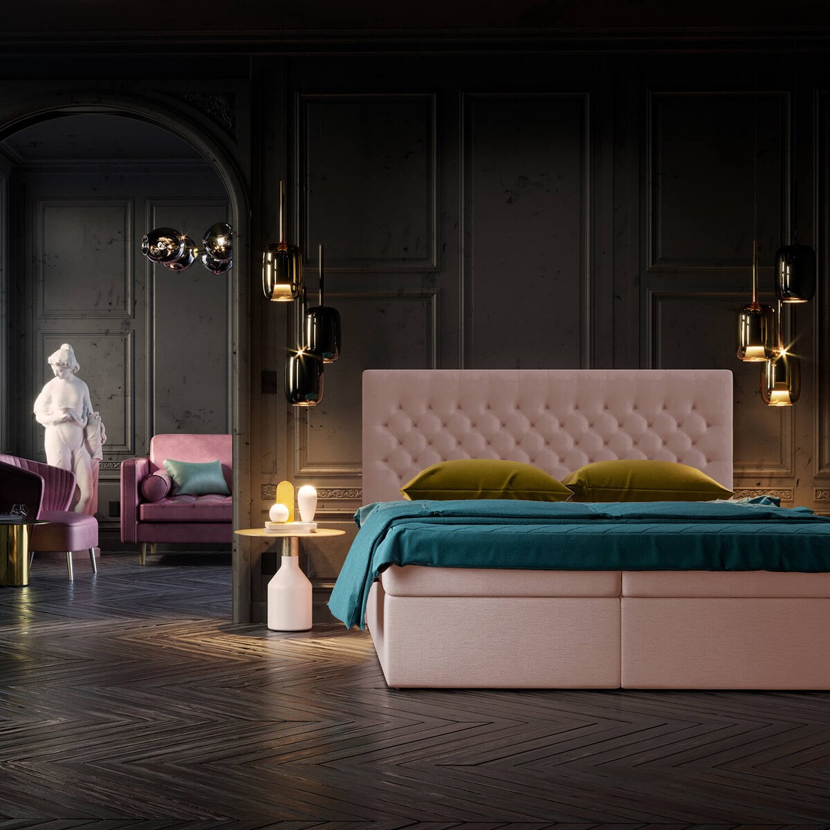 Łóżko kontynentalne ANNETTE 180x200 z pojemnikiem, Jasny Róż, tkanina Magic Velvet 2253