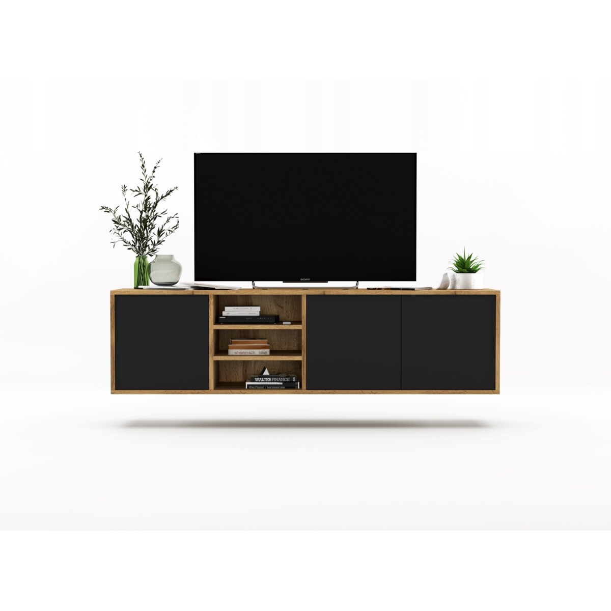 Wisząca Szafka RTV Komoda Industrialna Dąb Wotan Czarny MAT 150 cm