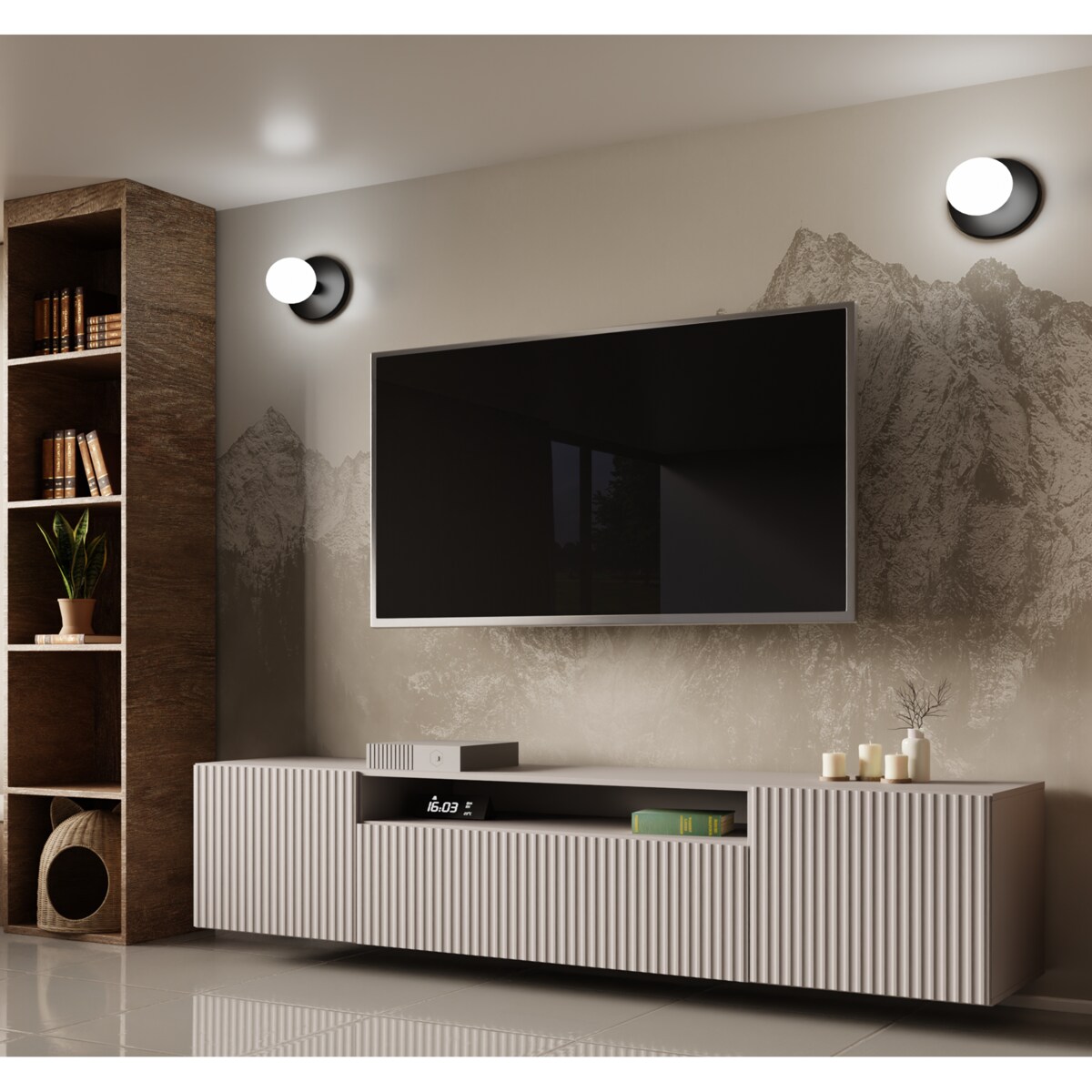 Szafka RTV NOELI, wisząca z ryflowanymi frontami do salonu- kaszmirowa