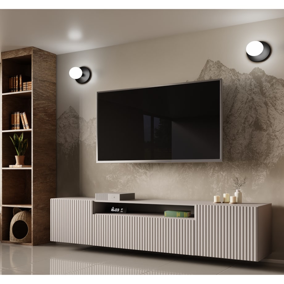 Szafka RTV NOELI, wisząca z ryflowanymi frontami do salonu- kaszmirowa