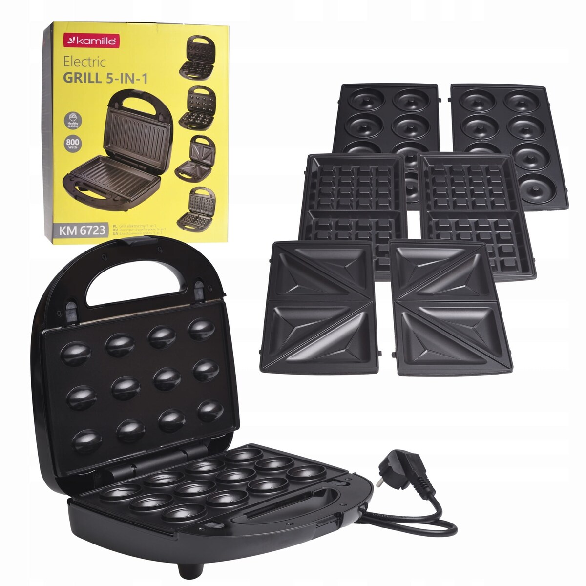 Wielofunkcyjny opiekacz 5w1 grill toster orzeszki gofrownica donut KAMILLE
