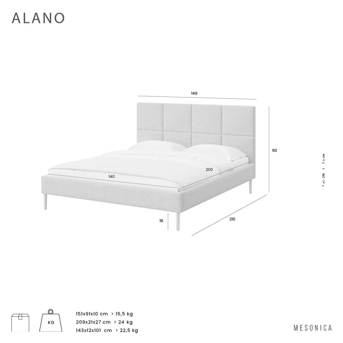 Mesonica Łóżko Alano, pik szare, 140x200