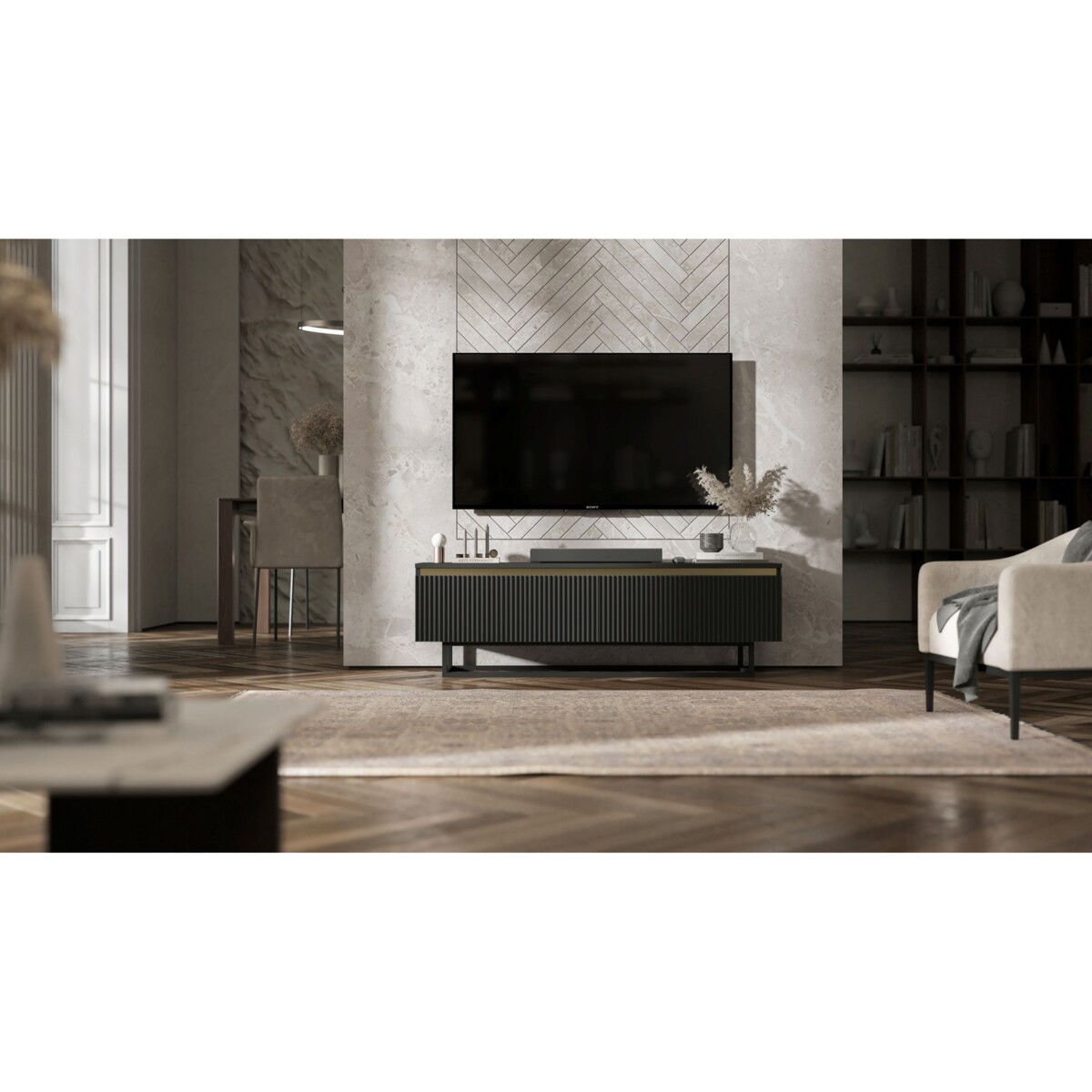 Nowoczesna Szafka RTV Glamour Komoda RTV Czarny Mat 140 cm czarny stelaż