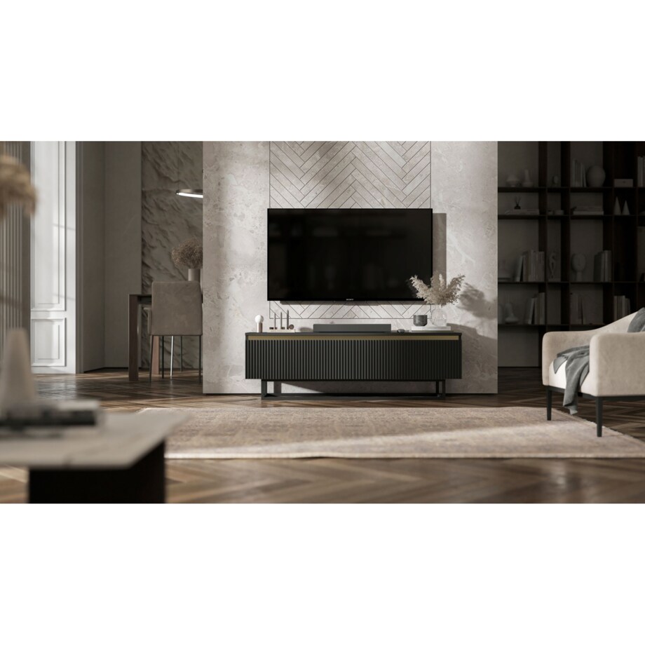 Nowoczesna Szafka RTV Glamour Komoda RTV Czarny Mat 140 cm czarny stelaż