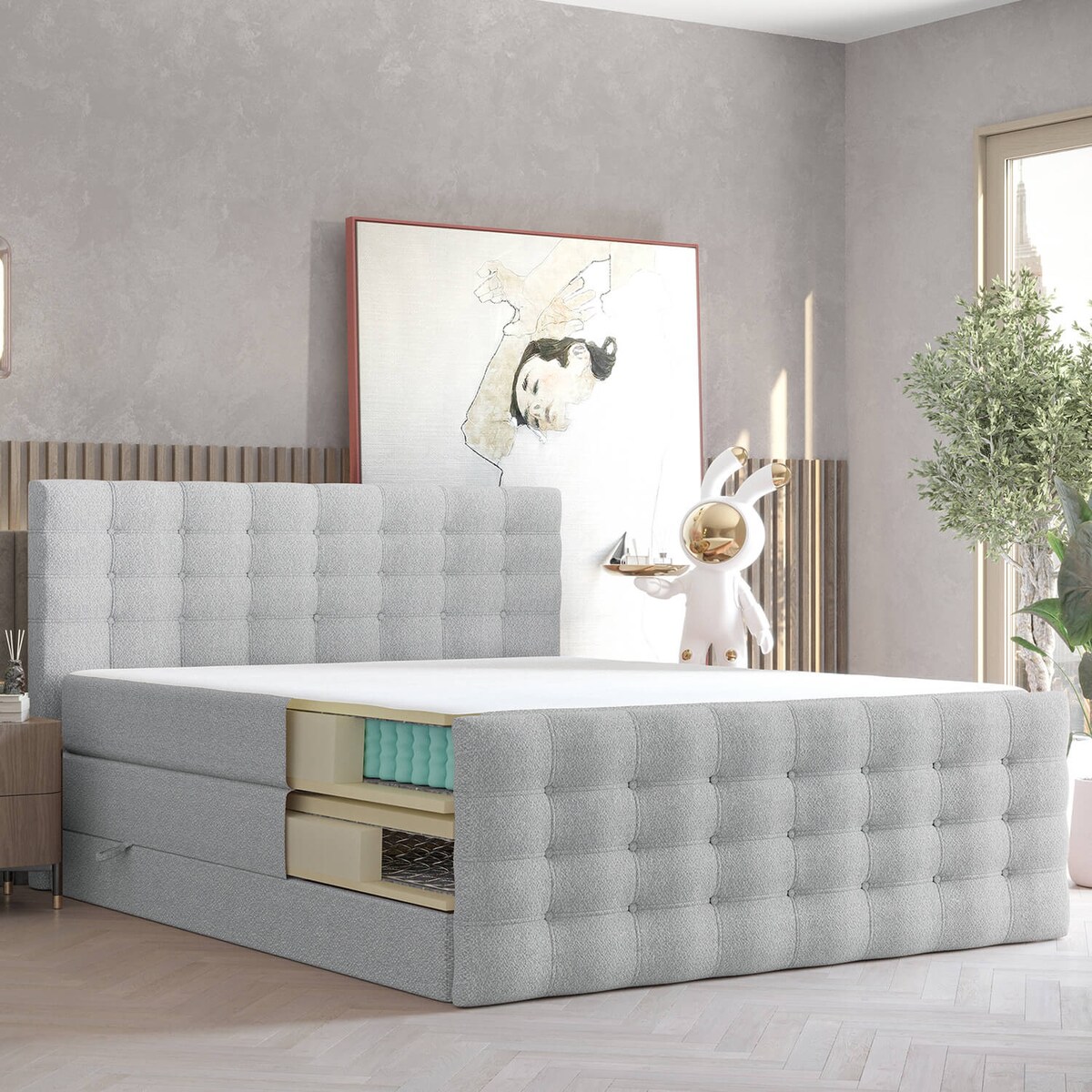 Łóżko kontynentalne STATE 140x200 z pojemnikiem, Jasny Niebieski, tkanina Grace 70