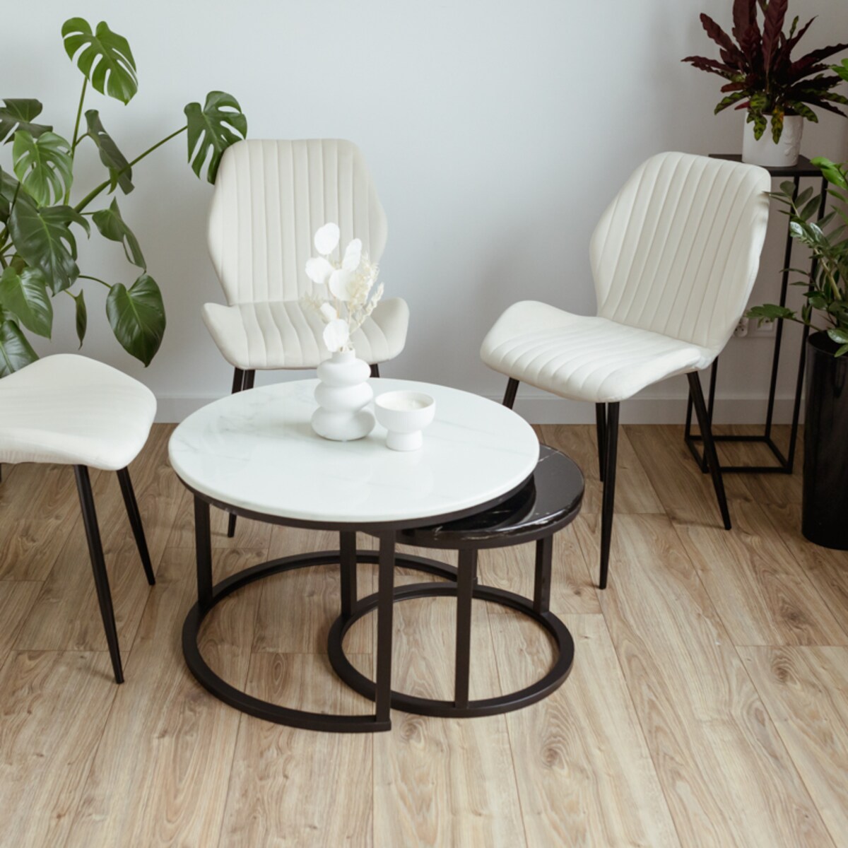 Stolik kawowy okrągły 2w1 czarny marmur zestaw 2 stolików kawowych glamour