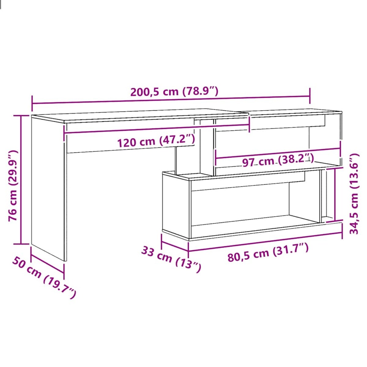 vidaXL Biurko narożne, dąb artisan, 200,5x50x76 cm