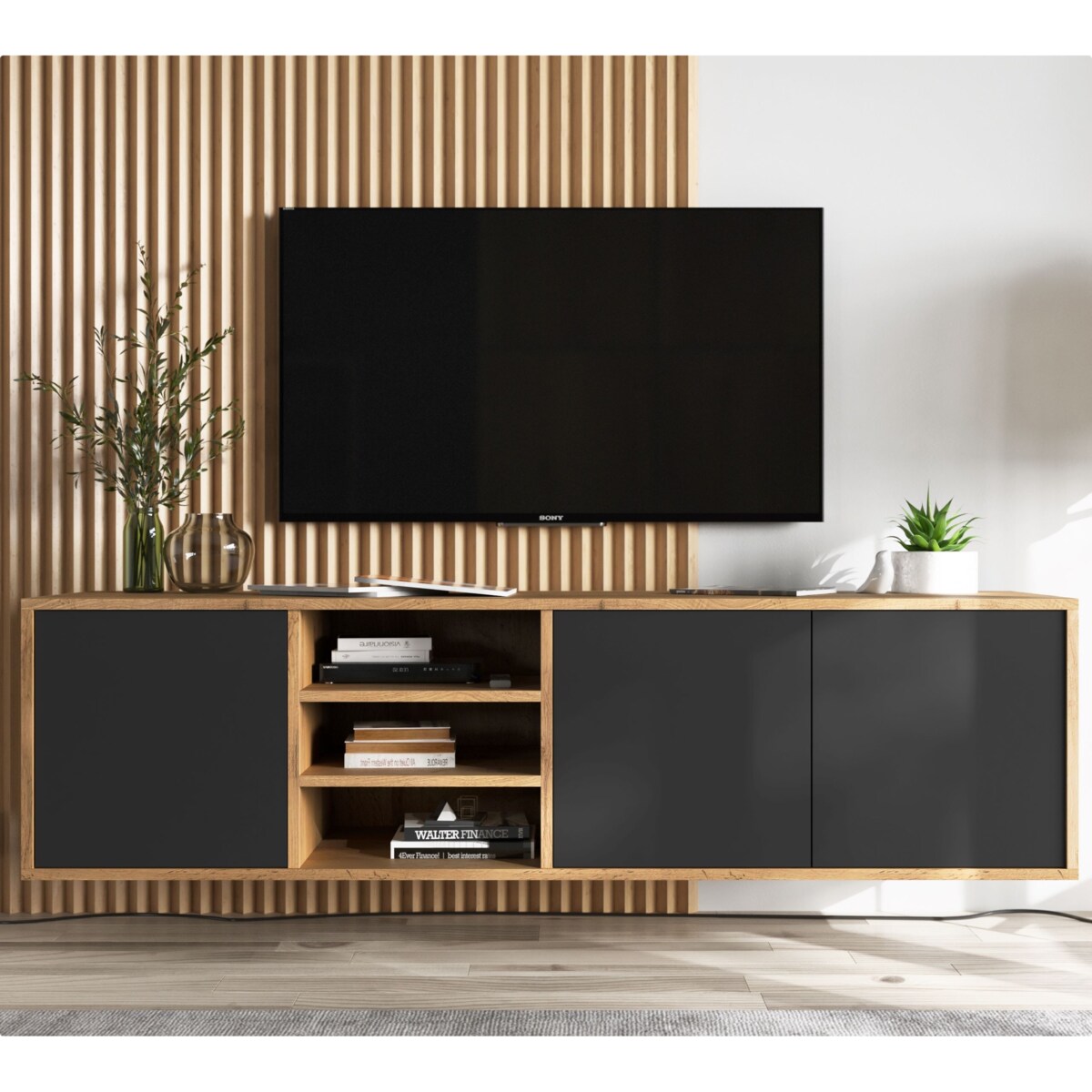 Wisząca Szafka RTV Komoda Industrialna Dąb Wotan Czarny MAT 150 cm