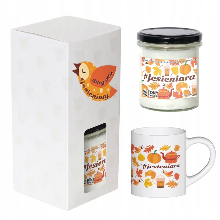 Zestaw prezentowy upominkowy DARY DLA #JESIENIARY świeca sojowa zapachowa + kubek na prezent upominek dla kobiety mamy koleżanki przyjaciółki żony dziewczyny